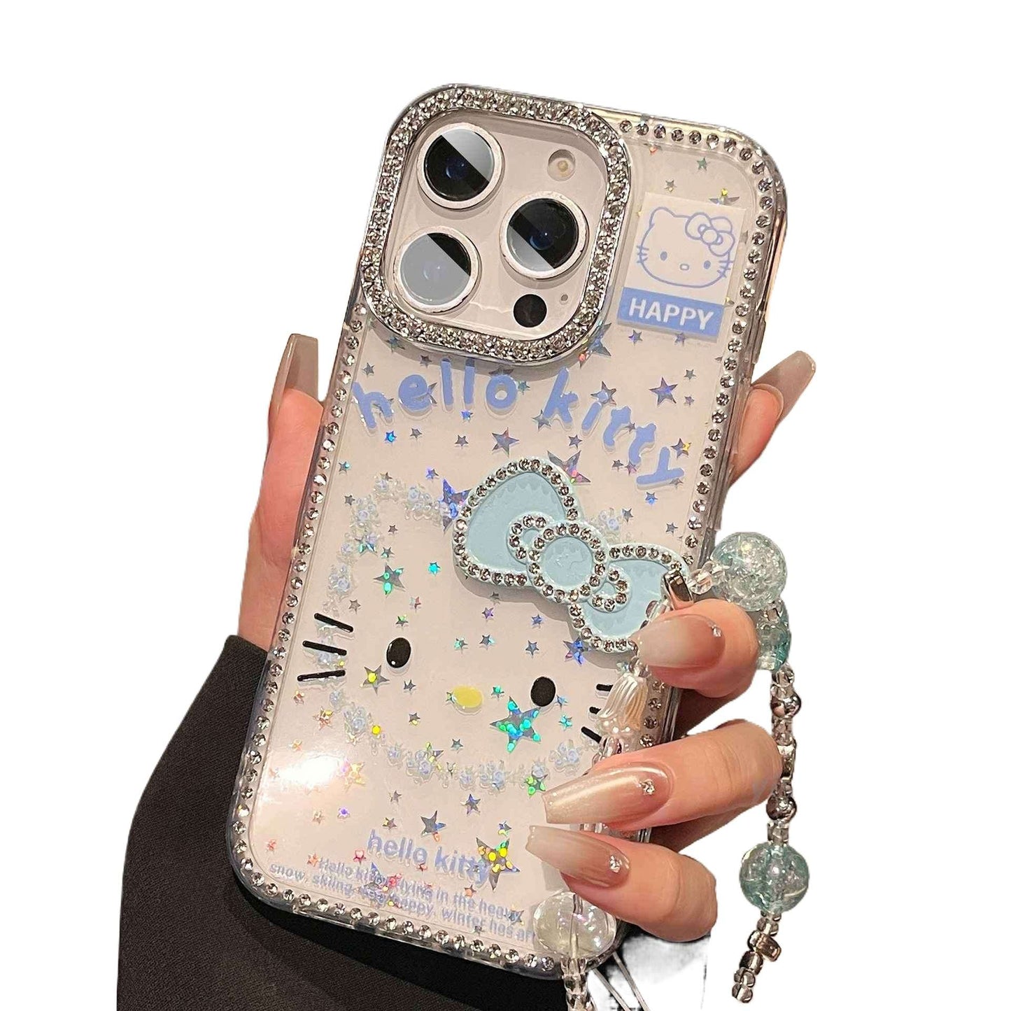 Hello Kitty Pattern Diamond Edged 3D Bow Bracelet Phone Case For iPhone 16 Pro Max 15 14 13 11