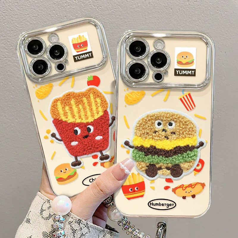 3D Embroidered Hamburger Fries Portable Bracelet Phone Case For iPhone 16 Pro Max 15 14 13 11
