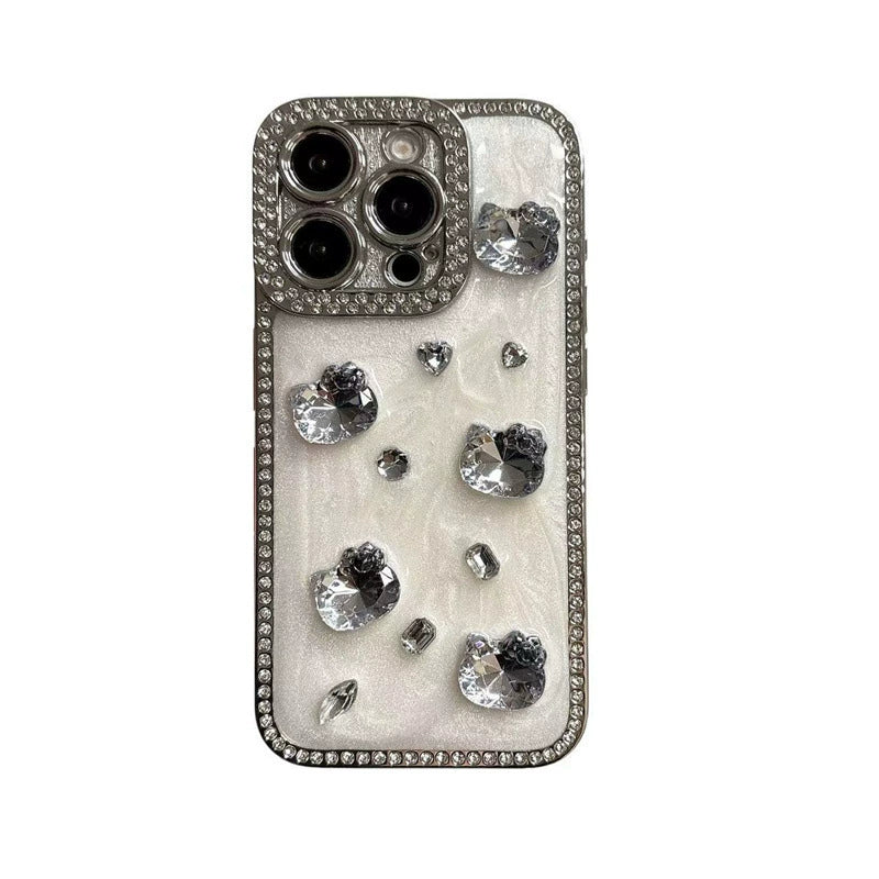 3D Kitty Diamond Full Coverage Anti Shock Phone Case For iPhone 16 Pro Max 15 14