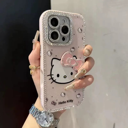 3D Diamond Bow KT Cat All Inclusive Phone Case For iPhone 16 Pro Max 15 14 13