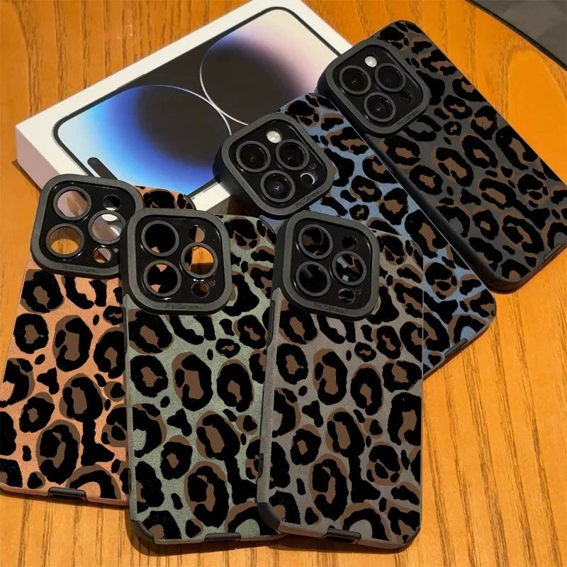 Plush Leather Leopard Print Anti Shock Mobile Phone Case For iPhone 16 Pro Max 15 14 13 11