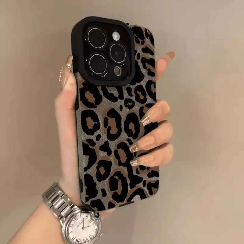Plush Leather Leopard Print Anti Shock Mobile Phone Case For iPhone 16 Pro Max 15 14 13 11