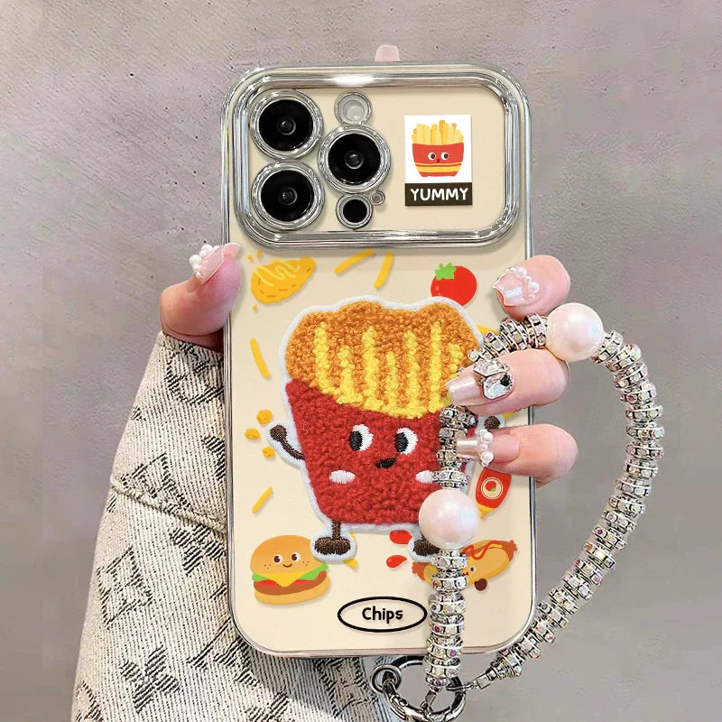 3D Embroidered Hamburger Fries Portable Bracelet Phone Case For iPhone 16 Pro Max 15 14 13 11