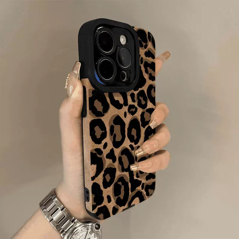Plush Leather Leopard Print Anti Shock Mobile Phone Case For iPhone 16 Pro Max 15 14 13 11