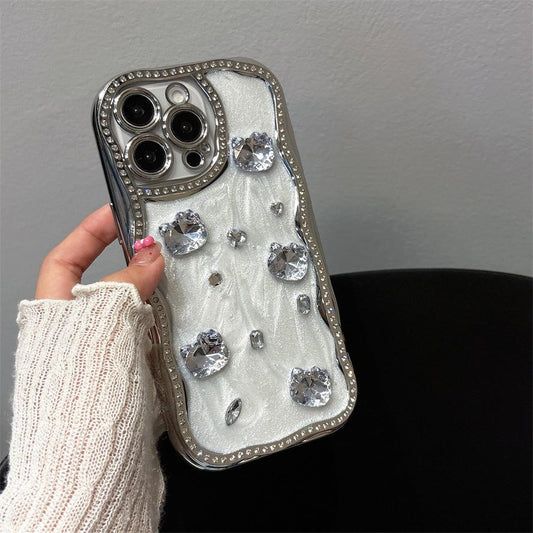 3D Diamond Kitty Rhinestone Corrugated Frame Full Cover Anti Fall Phone Case For iPhone 16 Pro Max 15 14 13