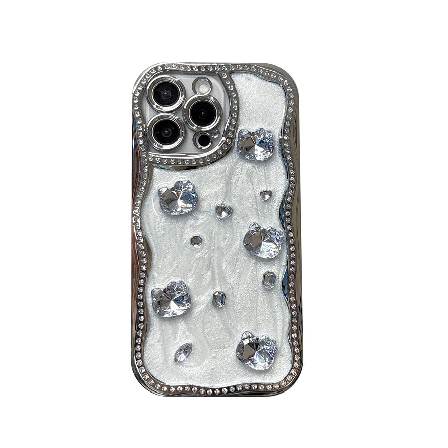 3D Diamond Kitty Rhinestone Corrugated Frame Full Cover Anti Fall Phone Case For iPhone 16 Pro Max 15 14 13