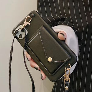 Luxury Crossbody Card Pocket Wallet Case Leather Strap Back Cover For iPhone