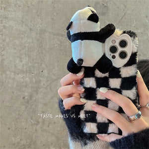 Korean Cute Fuzzy Plush 3D Panda Lattice Phone Case For iPhone 11 12 13 Pro XS Max X XR 7 8 Plus Winter Kawaii Soft Back Cover