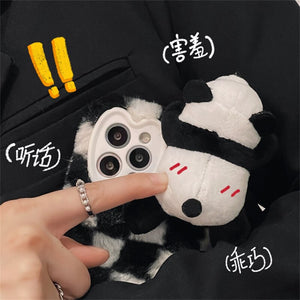 Korean Cute Fuzzy Plush 3D Panda Lattice Phone Case For iPhone 11 12 13 Pro XS Max X XR 7 8 Plus Winter Kawaii Soft Back Cover