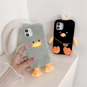 Korean Cute Cartoon Plush Duck Phone Case For iPhone 11 12 13 Pro XS Max Mini X XR 7 8 Plus SE Winter Soft Shockproof Back Cover