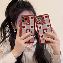Load image into Gallery viewer, Korea Cute Love Heart Lattice Embroidery Phone Case For iPhone 13 12 11 Pro XS Max X XR 7 8Plus Plush Protective Soft Back Cover