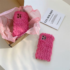INS Korean Cute Fuzzy Plush Pink Girls Phone Case For iPhone 13 12 11 Pro XS Max X XR 7 8 Plus Winter Soft Shockproof Back Cover