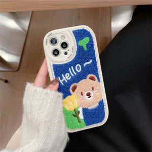 Korean Cute Cartoon Plush Bear Round Camera Lens Phone Case For iPhone 13 12 11 Pro XS Max X XR 7 8 Plus Soft Silicon Back Cover