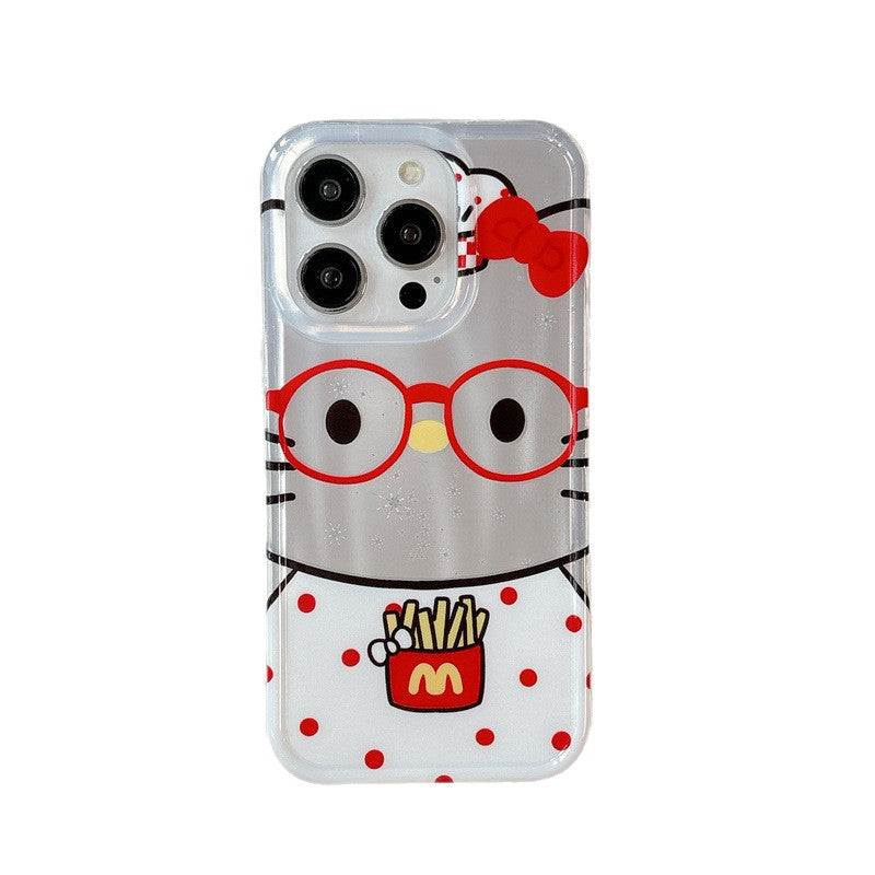Polka Dot Fries Fry Pattern Kitty 3D Bow Anti Fall Mobile Phone Case iPhone Case For iPhone 16 Pro Max 15 14 13