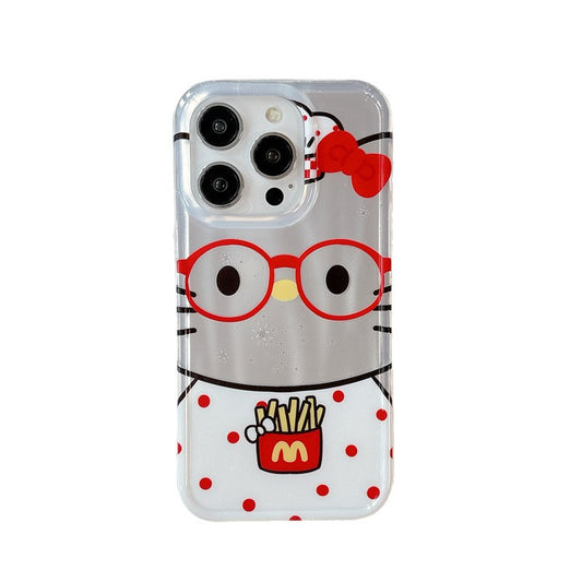 Polka Dot Fries Fry Pattern Kitty 3D Bow Anti Fall Mobile Phone Case iPhone Case For iPhone 16 Pro Max 15 14 13