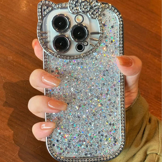 3D Diamond Cat Frame Glitter Full Edge Phone Case For iPhone 16 Pro Max 15 14 13 11
