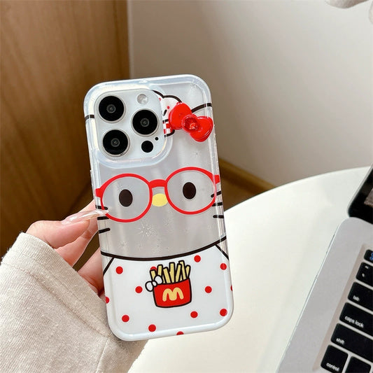 Polka Dot Fries Fry Pattern Kitty 3D Bow Anti Fall Mobile Phone Case iPhone Case For iPhone 16 Pro Max 15 14 13