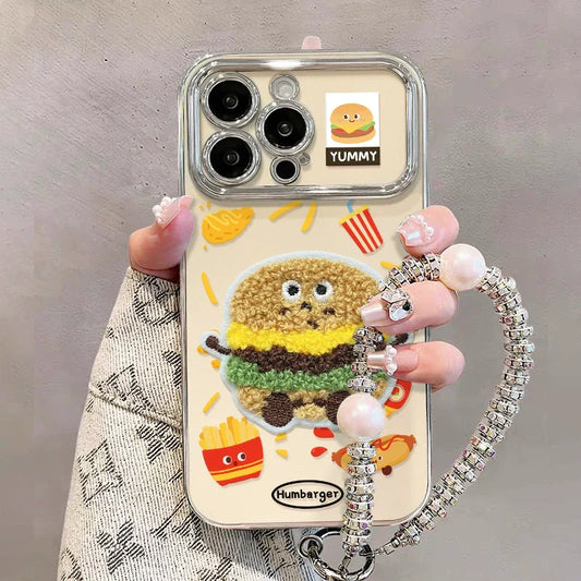 3D Embroidered Hamburger Fries Portable Bracelet Phone Case For iPhone 16 Pro Max 15 14 13 11