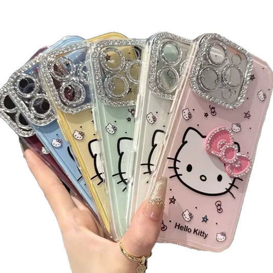 3D Diamond Bow KT Cat All Inclusive Phone Case For iPhone 16 Pro Max 15 14 13