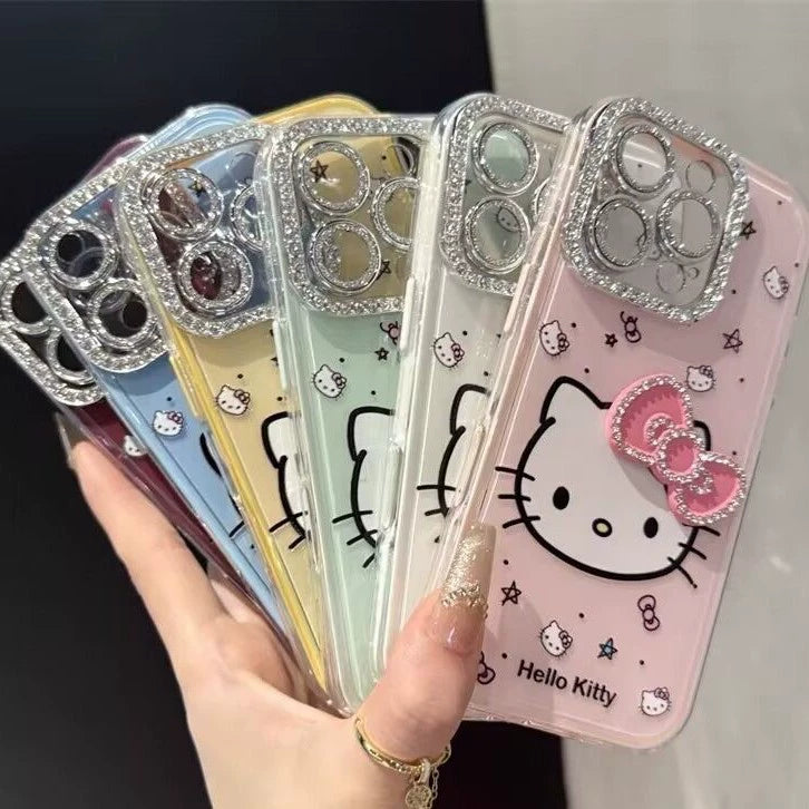 3D Diamond Bow KT Cat All Inclusive Phone Case For iPhone 16 Pro Max 15 14 13