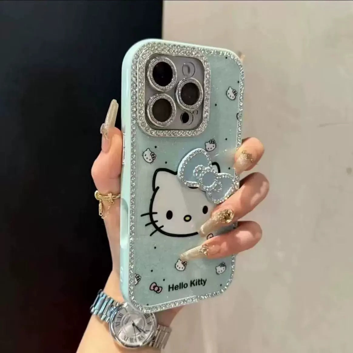 3D Diamond Bow KT Cat All Inclusive Phone Case For iPhone 16 Pro Max 15 14 13
