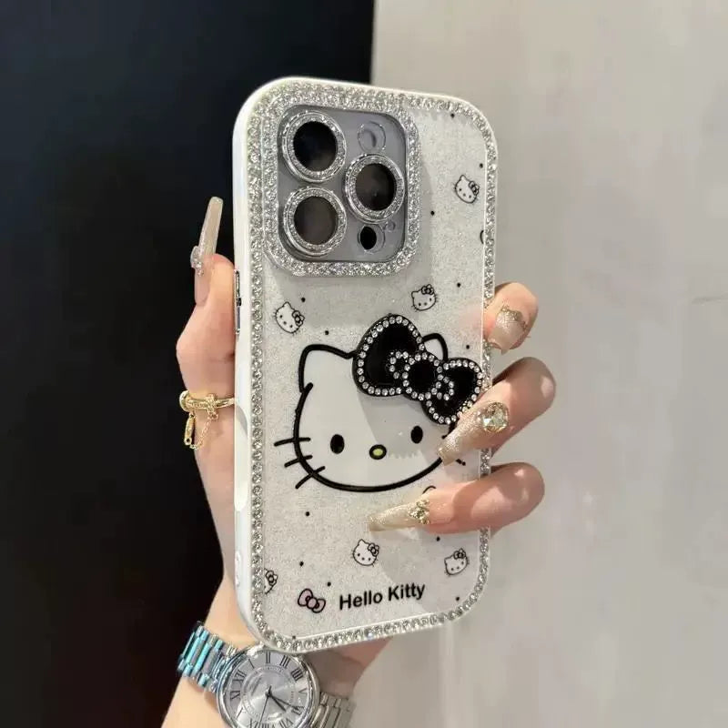 3D Diamond Bow KT Cat All Inclusive Phone Case For iPhone 16 Pro Max 15 14 13