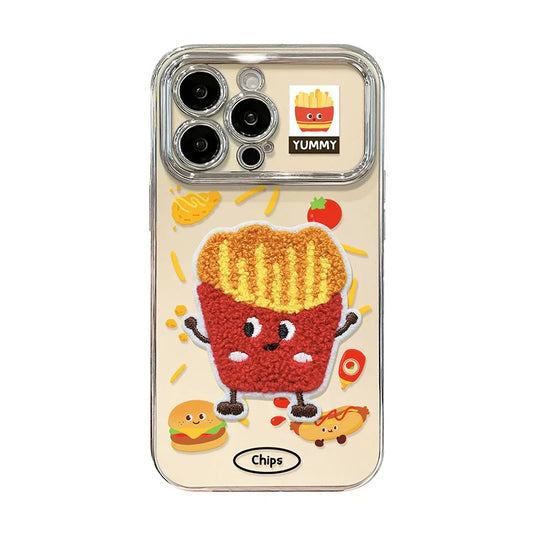 3D Embroidered Hamburger Fries Portable Bracelet Phone Case For iPhone 16 Pro Max 15 14 13 11