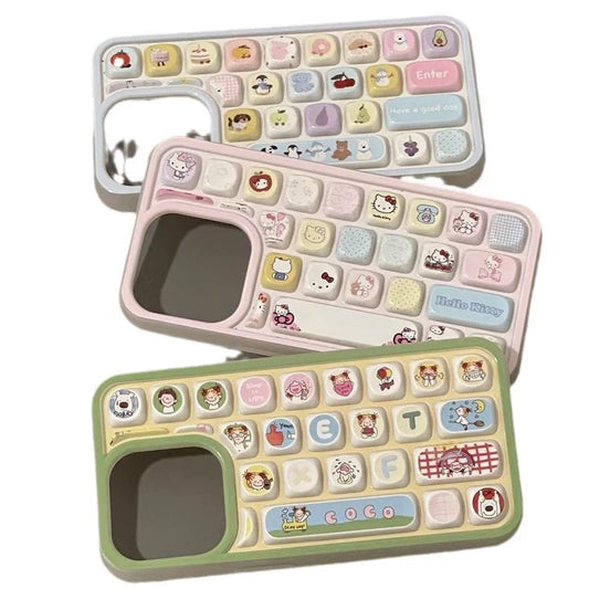 3D Cartoon Kitty Cute Girl Anti Fall Keyboard Case For iPhone 16 Pro Max 15 14 13 11