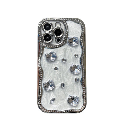3D Diamond Kitty Rhinestone Corrugated Frame Full Cover Anti Fall Phone Case For iPhone 16 Pro Max 15 14 13