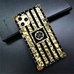Luxury Brand Black Rose Flower Glitter Gold Square Case For iPhone 13 PRO 12 11 XS Max Cover for Samsung Note 20 Ultra S21 Plus