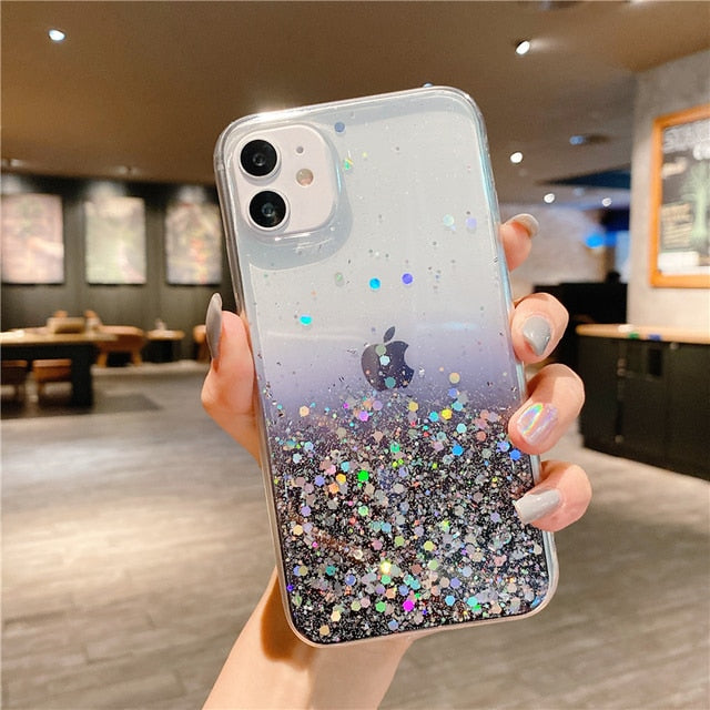 Clear Glitter Phone Case For iPhone Cute Gradient Rainbow Sequins Coque