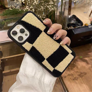 Korean Cute Fuzzy Plush Lattice Phone Case For iPhone 11 12 13 Pro XS Max X XR 7 8 Plus Kawaii Winter Soft Shockproof Back Cover