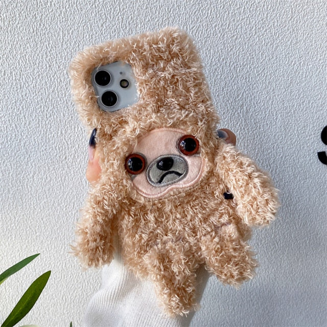 Korean Cute Cartoon Plush Sloth Phone Case For iPhone 11 12 13 Pro XS Max X XR 7 8 Plus SE Winter 3D Soft Shockproof Back Cover