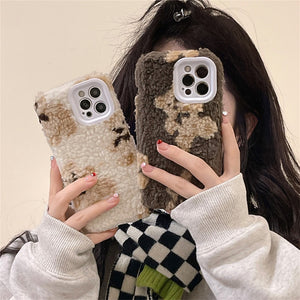 Korean Cute Cartoon Teddy Bear Fuzzy Plush Phone Case For iPhone 13 12 11 Pro XS Max X XR 7 8 Plus Shockproof Soft Back Cover