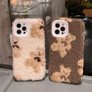 Korean Cute Cartoon Teddy Bear Fuzzy Plush Phone Case For iPhone 13 12 11 Pro XS Max X XR 7 8 Plus Shockproof Soft Back Cover
