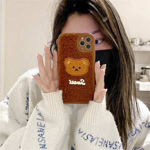 Korean Cute Cartoon Embroidery Teddy Bear Plush Phone Case For iPhone 13 12 11 Pro XS Max X XR 7 8 Plus Silicone Soft Back Cover