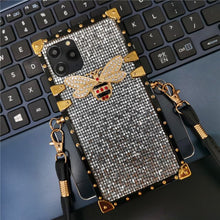 Load image into Gallery viewer, Luxury Glitter Bling Bee Rope Lanyard Case For iPhone 12 PRO 11 X XS XR Square Phone Cover for iphone 13 PRO MAX 7 Plus 8 6 6S