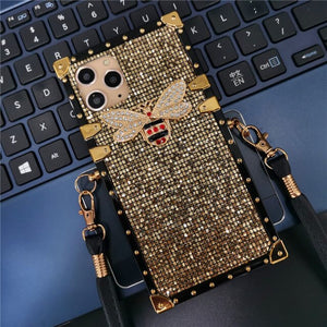 Luxury Glitter Bling Bee Rope Lanyard Case For iPhone 12 PRO 11 X XS XR Square Phone Cover for iphone 13 PRO MAX 7 Plus 8 6 6S
