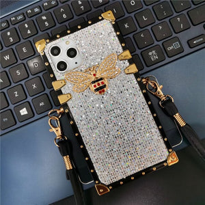 Luxury Glitter Bling Bee Rope Lanyard Case For iPhone 12 PRO 11 X XS XR Square Phone Cover for iphone 13 PRO MAX 7 Plus 8 6 6S