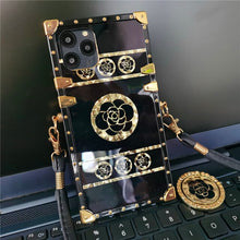 Load image into Gallery viewer, Luxury Gold Glitter Flower Case For iPhone 12 PRO MAX 11 6S X XS MAX Rope Lanyard Square Cover for iphone 13 Pro MAX 8 7 Plus