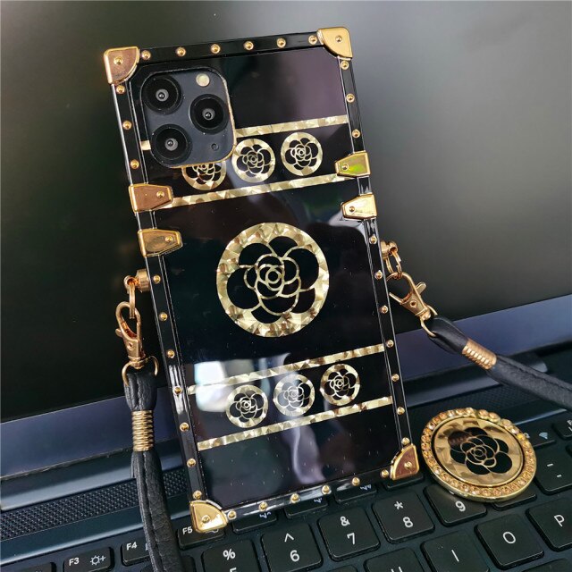 Luxury Gold Glitter Flower Case For iPhone 12 PRO MAX 11 6S X XS MAX Rope Lanyard Square Cover for iphone 13 Pro MAX 8 7 Plus