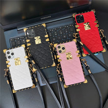 Load image into Gallery viewer, Luxury Brand Square Plaid Cover Leather Case for iPhone 11 12 PRO XS X XR Rope Lanyard Case for iphone 13 PRO MAX 7 8 Plus 6 6S