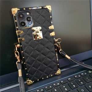 Luxury Brand Square Plaid Cover Leather Case for iPhone 11 12 PRO XS X XR Rope Lanyard Case for iphone 13 PRO MAX 7 8 Plus 6 6S