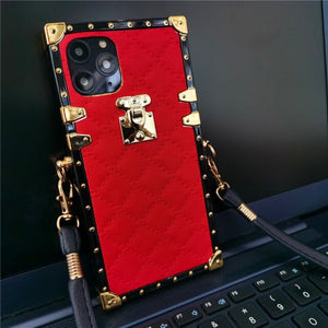 Luxury Brand Square Plaid Cover Leather Case for iPhone 11 12 PRO XS X XR Rope Lanyard Case for iphone 13 PRO MAX 7 8 Plus 6 6S