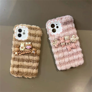 Korean Cute Fuzzy Plush Cartoon Stripes Phone Case For iPhone 11 12 13 Pro XS Max X XR Kawaii Winter Soft Shockproof Back Cover