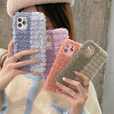 Korean Cute Cartoon Splicing Fuzzy Plush Phone Case For iPhone 11 12 13 Pro XS Max X XR Winter Kawaii Soft Shockproof Back Cover