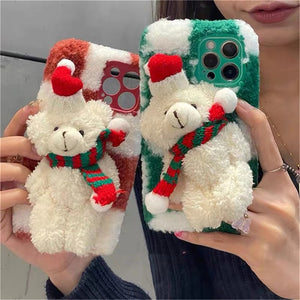 Korean Cute Fluffy Santa 3D Teddy Bear Plush Christmas Phone Case For iPhone 13 12 11 Pro XS Max X XR 7 8 Plus Soft Back Cover