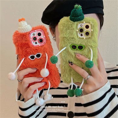 Cute Cartoon Fuzzy Plush Sunglasses Monster Phone Case For iPhone 13 12 11 Pro XS Max X XR 7 8 Plus Soft Shockproof Back Cover