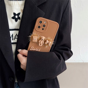 Korean Cute Plush Cartoon 3D Bear Biscuits Phone Case For iPhone 11 12 13 Pro XS Max X XR 7 8 Plus Kawaii Winter Soft Back Cover
