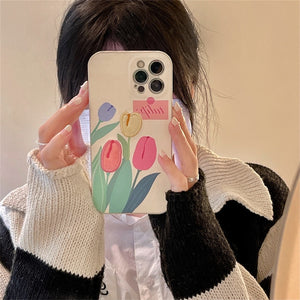 Korean Cute Cartoon Embroidery Bear Flower Phone Case For iPhone 13 12 11 Pro XS Max X XR 7 8 Plus Tulip Soft Silicon Back Cover